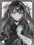  1girl arm_belt asymmetrical_gloves bandaged_arm bandaged_hand bandages black_choker black_coat black_dress black_gloves black_hair black_ribbon border choker closed_mouth coat collared_dress commentary_request dress gloves grey_border grey_eyes grid_background hair_ornament highres irohaanzu kurobe_nanoka long_hair looking_at_viewer mahou_shoujo_no_majo_saiban neck_ribbon plaid_clothes plaid_dress ribbon solo straight-on twintails 