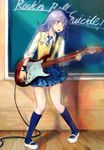  chalkboard english guitar highres instrument kneehighs legs necktie open_mouth original osamu plaid plectrum purple_eyes purple_hair school_uniform shoes skirt sleeves_rolled_up socks solo standing uwabaki vest wristband 