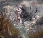  abstract ass bad_anatomy bad_id bad_pixiv_id bird black_legwear book breasts flying gears hat house long_hair looking_at_viewer mansion medium_breasts mountain patchouli_knowledge pen purple_hair red_eyes scenery sky solo surreal tamamono_atae thighhighs touhou tree 