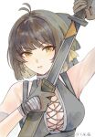  1girl artist_name bare_shoulders black_gloves black_hair breasts chinese_commentary cleavage closed_mouth commentary_request drawing_sword female_rover_(wuthering_waves) gloves highres holding holding_sword holding_weapon looking_at_viewer qiweiyan rover_(wuthering_waves) sheath solo sword unsheathing upper_body weapon wuthering_waves yellow_eyes 