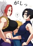  1boy 2girls ? asa_(yomi_no_tsugai) between_breasts black_eyes black_hair blonde_hair breasts commentary_request earrings eyepatch head_between_breasts hidari_(yomi_no_tsugai) highres horns jewelry large_breasts looking_at_another multiple_girls pleia_desu ponytail red_eyes red_hair single_horn skin-covered_horns small_horns spoken_question_mark white_background white_hair yomi_no_tsugai yuru_(yomi_no_tsugai) 