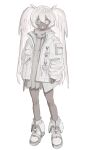  1girl :d @_@ arms_at_sides breast_pocket charm_(object) colored_eyelashes commentary cross-shaped_pupils dark-skinned_female dark_skin double-parted_bangs dress empire_waist full_body grey_dress heart highres jacket knees legs long_hair long_sleeves looking_at_viewer mismatched_pupils mole mole_under_each_eye mole_under_eye multiple_moles mumukyabi open_clothes open_jacket open_mouth original pleated_dress pocket pouch puffy_long_sleeves puffy_sleeves ribbed_socks shoes short_dress simple_background sleeve_pouch sleeves_past_wrists smile socks solo standing symbol-shaped_pupils turtleneck turtleneck_dress twintails very_long_hair white_background white_eyelashes white_eyes white_hair white_jacket white_mouth white_shoes white_socks white_theme winged_heart zipper zipper_legwear zipper_pull_tab 
