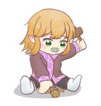  1girl aged_down black_pants blonde_hair blush brown_shirt child commentary_request full_body green_eyes highres holding holding_mallet kyacchi0229 mallet mizuhashi_parsee nail_(hardware) pacifier pants pointy_ears shirt short_hair simple_background sitting socks solo straw_doll touhou white_background white_socks 