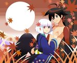  1girl bad_id bad_pixiv_id bob_cut brown_hair couple hetero heterochromia katanagatari leaf long_hair maple_leaf symbol-shaped_pupils togame white_hair yasuri_shichika 