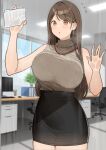  1girl :o against_glass black_skirt blue_sky blush breast_press breasts breasts_on_glass brown_hair brown_sweater cleaning cloud commentary_request day desk earrings highres indoors jewelry large_breasts long_hair office_lady ol-chan_(ol_mahonanoka) ol_mahonanoka original pencil_skirt skirt sky sleeveless sleeveless_sweater standing sweater window 