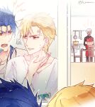  3boys anger_vein archer_(casual_wear)_(fate) archer_(fate) blonde_hair blue_hair chair commentary cooking_pot cu_chulainn_(fate) cu_chulainn_(lancer)_(fate) dark-skinned_male dark_skin fate/hollow_ataraxia fate_(series) gilgamesh_(fate) h_sueun hair_over_shoulder holding male_focus multiple_boys oven_mitts ponytail red_eyes signature stove table washing_face wet wet_face wet_hair white_hair 