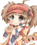  1girl :t ahoge badge blush brown_hair burger closed_mouth colorjelly commentary_request employee_uniform fast_food_uniform food grey_eyes hamster happi hat headset holding holding_burger holding_food imadake_dabuchi_tabemi imadake_dabuchi_tabesuke japanese_clothes mcdonald's necktie open_happi red_hat red_visor_cap shirt shorts simple_background striped_clothes striped_shirt twintails visor_cap wavy_mouth white_background white_shirt yellow_happi 