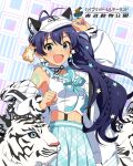  1girl :d animal antenna_hair arm_up black_hair blue_eyes blue_nails blue_sailor_collar blue_skirt braid card_commentary commentary_request fang fingernails game_asset ganaha_hibiki hair_ornament hamster hamuzou hat hat_with_ears idolmaster idolmaster_(classic) idolmaster_million_live! idolmaster_million_live!_theater_days long_hair looking_at_viewer nail_polish navel official_art plaid_clothes plaid_skirt pleated_skirt sailor_collar sailor_shirt shirt side_ponytail skirt sleeveless sleeveless_shirt smile snow_leopard solo star_(symbol) star_hair_ornament third-party_source translation_request visor_cap white_shirt x_hair_ornament 