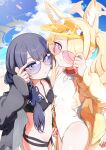  2girls above-cleavage_cutout absurdres adjusting_eyewear animal_ear_fluff animal_ears bandeau beach bikini black_bikini black_hair black_robe blonde_hair blue_archive blush braid braid_over_shoulder breasts butt_crack butterfly_hair_ornament choker cleavage_cutout clothing_cutout commentary cowboy_shot crab cross_halo daraqueue diamond_cutout extra_ears eyes_visible_through_eyewear fox_ears fox_girl fox_tail from_side gradient_eyes grey_eyes grey_halo groin hair_ornament hair_over_one_eye halo highleg highleg_one-piece_swimsuit highres holding_hands jacket kisaki_(blue_archive) kisaki_(swimsuit)_(blue_archive) lens_flare light_smile long_hair looking_at_viewer multicolored_eyes multiple_girls navel ocean official_alternate_costume official_alternate_hairstyle one-piece_swimsuit orange-tinted_eyewear pink_hair purple-tinted_eyewear red_choker robe seia_(blue_archive) seia_(swimsuit)_(blue_archive) side_braid side_ponytail sky small_breasts sticker stomach sunglasses swimsuit tail tinted_eyewear two-tone_eyes very_long_hair visor_cap white_one-piece_swimsuit yellow_eyes yellow_halo yellow_jacket yellow_visor_cap 