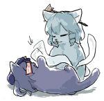  animal_focus animal_with_hair animalization blue_cat blue_hair cat commentary_request full_body highres kaku_seiga miyako_yoshika no_humans ofuda open_mouth shisan_ringo simple_background touhou white_background 