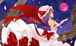  alternate_costume bad_id bad_pixiv_id bare_back bare_shoulders bat_wings clock clock_tower dress full_moon hat kawahara_fantasia moon petticoat pillar purple_hair red_eyes red_moon remilia_scarlet scarlet_devil_mansion short_hair solo touhou tower wings wrist_cuffs 