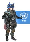  1girl absurdres ammunition_pouch animal_ears armor blue_helmet brown_eyes brown_hair bulletproof_vest fluffy_tail goggles gun helmet highres knee_pads light_machine_gun machine_gun military military_combat_uniform military_patch military_uniform original people's_liberation_army pouch qjb-201 tactical_clothes tuziki_sang united_nations united_nations_flag weapon 
