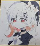  1girl beret black_choker black_coat black_hat choker coat collared_coat commentary_request falling_petals flower gradient_hair hair_flower hair_ornament harumaking hat hat_flower hat_ribbon highres looking_at_viewer mahou_shoujo_no_majo_saiban multicolored_hair neck_ribbon petals pink_eyes pink_hair portrait ribbon sakuraba_ema shikishi shirt short_hair simple_background sleeveless sleeveless_coat solo traditional_media white_background white_flower white_hair white_ribbon white_shirt x_hair_ornament 