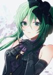  1girl armpit_crease bare_shoulders black_dress black_gloves blush bow breasts commentary_request crossed_bangs dress elbow_gloves fascinator fire_emblem fire_emblem:_fortune's_weave gloves green_eyes green_hair hair_between_eyes hand_up hat hat_bow highres looking_at_viewer mini_hat nekolook ninae_(fire_emblem) parted_lips short_hair_with_long_locks sleeveless sleeveless_dress small_breasts solo upper_body 