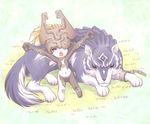  animal helmet imp link link_(wolf) midna pointy_ears riolabo sleeping stretch the_legend_of_zelda the_legend_of_zelda:_twilight_princess wolf 