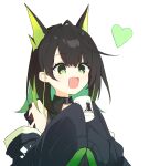  1girl :d ahoge arknights bare_shoulders black_hair black_jacket bright_pupils colored_inner_hair commentary cup drink fang green_eyes green_hair heart highres holding holding_drink huge_ahoge jacket light_blush material_growth medium_hair misagi33 mon3tr_(arknights) mug multicolored_hair off_shoulder open_mouth oripathy_lesion_(arknights) rhodes_island_logo_(arknights) simple_background sleeves_past_fingers sleeves_past_wrists smile solo upper_body white_background white_pupils 
