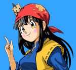  1girl animal_on_head black_hair blue_background breasts commentary_request cosplay dragon_quest dragon_quest_viii hero_(dq8) hero_(dq8)_(cosplay) highres index_finger_raised indie_virtual_youtuber large_breasts lee_(dragon_garou) light_blush long_hair mito_wakana on_head orange_eyes parody portrait ribbon-trimmed_sleeves ribbon_trim smile solo style_parody toriyama_akira_(style) vest virtual_youtuber yellow_vest 