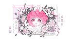  1girl animal animal_ears artist_name bangs barachan bunny bunny_ears cable english flower head heart icon looking_at_viewer medium_hair original pale_skin parted_lips pink_eyes pink_hair plant plug rose solo speech_bubble vines white_flower white_rose window_(computing) 