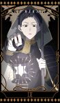  1boy black_background black_border black_cloak black_eyes black_hair black_shirt border card_(medium) cloak commentary_request english_commentary english_text gold_trim grey_cloak hands_up highres holding holding_lantern holding_staff hood hood_up hooded_cloak lantern long_sleeves looking_at_viewer male_focus mixed-language_commentary nijisanji nizisharp5178 official_alternate_costume parted_lips roman_numeral shirt short_hair six_pointed_star solo staff star_(symbol) straight-on tarot tarot_(medium) the_hermit_(tarot) two-sided_cloak two-sided_fabric upper_body very_short_hair virtual_youtuber yashiro_kizuku 