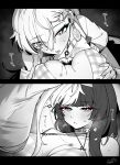  2girls blush breasts breath chisa_(peach_parfait)_(wuthering_waves) chisa_(wuthering_waves) commentary_request female_pov fruit_earrings grabbing_another's_breast greyscale groping hair_between_eyes hickey highres large_breasts long_hair looking_at_viewer lynae_(peppermint)_(wuthering_waves) lynae_(wuthering_waves) mole mole_under_eye monochrome multiple_girls official_alternate_costume pov red_eyes saliva saliva_trail shirt spot_color starblame tongue tongue_out wuthering_waves yuri 