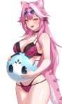  1girl :d absurdres animal_ears animal_print ball beachball bikini black_bikini black_choker blue-tinted_eyewear breasts center-flap_bangs character_ball chattino_(raora_panthera) choker cleavage commentary_request double-parted_bangs double_bikini eyewear_on_head fang highleg highleg_bikini highres holding holding_ball holding_beachball hololive hololive_english jewelry large_breasts layered_bikini leopard_print leopard_print_bikini long_sidelocks multicolored_hair necklace official_alternate_costume open_mouth panther_ears panther_girl panther_tail pink_bikini pink_hair print_bikini raora_panthera raora_panthera_(holonatsu_paradise) round_eyewear sidelocks simple_background single_hair_streak skin_fang smile solo streaked_hair sunglasses swimsuit tail thigh_strap tinted_eyewear velantart virtual_youtuber white_background white_streaks yellow_eyes 