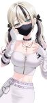  1girl absurdres belt belt_collar black_belt black_choker black_collar black_hair black_mask black_ribbon blonde_hair blush breasts choker cleavage collar collarbone commentary covered_mouth cross cross_necklace detached_sleeves ear_piercing eyelashes green_eyes hair_ornament hair_ribbon hairclip heart highres jewelry kurumi_noah kurumi_noah_(7th_costume) large_breasts long_hair long_sleeves looking_at_viewer mask mouth_mask multicolored_hair navel_peek necklace ogata_sai piercing pink_belt ribbon shirt simple_background skirt solo stomach streaked_hair twintails two-tone_hair virtual_youtuber vspo! white_background white_shirt white_skirt white_sleeves 
