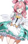  +_- 1girl 3jgjoso6gk40909 ahoge aqua_bow aqua_eyes aqua_hair aqua_halo aqua_skirt aria_(human)_(zenless_zone_zero) aria_(zenless_zone_zero) black_bow blush bow breasts collar commentary_request detached_collar dress elbow_gloves gloves hair_bow halo highres index_finger_raised layered_skirt long_hair looking_at_viewer multicolored_hair one_eye_closed open_mouth pink_gloves pink_hair quad_tails short_sleeves simple_background skirt smile solo streaked_hair thighs two-tone_hair white_background white_collar white_dress white_wings white_wrist_cuffs wings wrist_cuffs zenless_zone_zero 