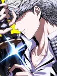  1boy ainame_(engel571) black_jacket closed_mouth collarbone dress_shirt grey_eyes grey_hair highres jacket katana looking_at_viewer male_focus narukami_yu open_collar parted_lips persona persona_4 school_uniform sheath shirt sideways_glance solo sword teeth unsheathing weapon white_shirt yasogami_school_uniform yellow_background 