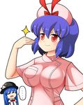  2girls blue_hair breasts closed_eyes food fruit hat hinanawi_tenshi large_breasts multiple_girls nagae_iku nurse peach purple_hair red_eyes touhou unadare 