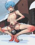  143_(hakuyagen) 1boy arms_behind_back ball_and_chain_restraint bar_censor barefoot blue_hair building censored chinese_commentary collar english_commentary erection exhibitionism frostbite full_body hakuyagen_(yoronbi) highres male_focus metal_collar mixed-language_commentary multilingual_commentary name_tag nipples nude on_ground open_mouth original outdoors penis people prison public_indecency rags short_hair sidelocks slave small_penis snow snow_on_head snow_on_roof snowing solo_focus spread_legs squatting testicles textless_version tiptoes tongue tongue_out torture trembling variant_set whip_marks wide_spread_legs winter 