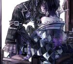  2girls absurdres arm_belt asymmetrical_gloves bandaged_arm bandaged_hand bandages bare_shoulders black_coat black_dress black_gloves black_hair black_kimono black_pantyhose black_ribbon bow butterfly_hair_ornament butterfly_print_kimono checkered_sleeves coat commentary_request dress eta_133606 floral_print floral_print_kimono furisode gloves hair_ornament highres housho_margo japanese_clothes kimono kurobe_nanoka lolita_fashion long_hair long_sleeves mahou_shoujo_no_majo_saiban multiple_girls neck_ribbon off-shoulder_dress off_shoulder pantyhose plaid_clothes plaid_dress print_kimono ribbon short_hair sitting wa_lolita white_background wide_sleeves yuri 
