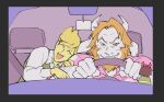  1other 2boys asgore_dreemurr asgore_running_over_dess_(meme) beard blonde_hair car_interior closed_mouth deltarune driving facial_hair fangs floppy_ears flowery_(deltarune) furry furry_male goat_horns horns hug kris_(deltarune) looking_at_viewer meme multiple_boys open_mouth orenokoka pink_shirt shirt skin_fangs smile steering_wheel utdr_(toby_fox) 