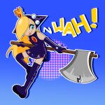  1girl axe blue_background blue_eyes boots commentary crown dress english_commentary fang full_body hair_over_one_eye highres holding holding_axe mario_(series) mario_power_tennis mario_tennis marscarhime outline purple_boots sleeveless sleeveless_dress tongue tongue_out warupeach white_outline 