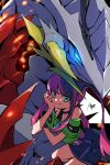  1girl ayo_(ayosanri009) belt black_choker black_hair black_skirt blue_eyes choker closed_mouth commentary_request dragon glowing glowing_eyes green_eyes green_shirt hand_on_own_cheek hand_on_own_face highres long_hair multicolored_hair off-shoulder_shirt off_shoulder pink_belt pink_hair shadowverse shadowverse_(animated_series) shadowverse_flame shirt sidelocks signature sinclair_hina_(shadowverse_flame) skirt smile twintails 