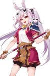 1girl :d achan_(blue_semi) ahoge animal_ears armor bike_shorts bike_shorts_under_skirt black_bow black_shorts bo_staff bow brown_gloves chinese_commentary commentary_request cosplay cowboy_shot creature creature_on_shoulder cropped_jacket double-parted_bangs dual_wielding eiyuu_densetsu estelle_bright estelle_bright_(cosplay) fingerless_gloves floating_hair glint gloves hair_bow headdress holding holding_staff indie_virtual_youtuber jacket joshua_bright joshua_bright_(cosplay) long_hair long_sidelocks looking_at_viewer multicolored_hair multiple_hair_bows nica_wolper on_shoulder open_mouth pauldrons pink_streaks rabbit_ears rabbit_girl red_eyes red_jacket red_skirt short_sleeves short_sword shorts shorts_under_skirt shoulder_armor sidelocks simple_background single_pauldron skirt smile solo_focus sora_no_kiseki sparkle staff streaked_hair sword twintails two-tone_hair upper_body very_long_hair virtual_youtuber weapon white_background white_hair white_headdress 