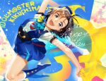  1girl :d absurdres antenna_hair black_hair blue_boots blue_dress blue_eyes blue_hat boots character_name commentary_request copyright_name dress full_body happy_birthday hat highres idolmaster idolmaster_(classic) idolmaster_stella_stage kikuchi_makoto lonely_explorer_(idolmaster) looking_at_viewer mihen mini_hat official_alternate_costume open_mouth short_hair short_sleeves smile solo 