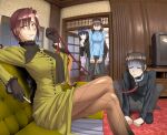  1boy 3d_background 3girls absurdres animal_collar animal_ears aozaki_aoko aozaki_touko aozaki_touko_(mahou_tsukai_no_yoru) between_fingers black_gloves blue_eyes breasts cigarette closed_eyes collar collared_shirt commentary couch dog_ears dog_tail fisheye full_body glass_door gloves highres holding holding_cigarette korrubalt kuonji_alice leash long_hair long_sleeves mahou_tsukai_no_yoru multiple_girls open_mouth pants pantyhose plaid_clothes plaid_skirt pleated_skirt red_eyes rug scarf shirt shizuki_soujuurou short_hair siblings sisters skirt smoke smoke_trail sweater tail television triangle_mouth untranslatable_commentary wallpaper_(object) window wooden_wall 