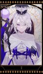  1girl black_border black_hat book border capelet card_(medium) closed_mouth commentary_request dress english_commentary english_text grey_dress grey_hair hair_over_one_eye hat highres higuchi_kaede holding holding_book holding_staff long_hair looking_at_viewer mage_staff mixed-language_commentary nijisanji nizisharp5178 o-ring official_alternate_costume ponytail purple_eyes roman_numeral shako_cap solo split_mouth staff straight-on tarot tarot_(medium) the_high_priestess_(tarot) upper_body virtual_youtuber white_capelet white_hat 