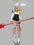  1girl absurdres animal_hat arknights arknights:_endfield bandaged_hand bandaged_leg bandages bandaid bandaid_on_face bandaid_on_nose belt belt_pouch black_bodysuit black_unitard blue_eyes bodysuit breasts cat_girl cat_hat cat_tail commentary covered_groin crop_top crop_top_overhang endfield_industries_logo english_commentary estella_(arknights) full_body gauze gauze_on_cheek gauze_on_knee gauze_on_leg grey_background hat hat_with_ears health_bar heavy_breathing highres holding holding_polearm holding_weapon jie_deng medium_breasts medium_hair pigeon-toed polearm pouch shrug_(clothing) simple_background socks solo spear speech_bubble straight-on sweat tail thigh_belt thigh_gap thigh_pouch thigh_strap thought_bubble unitard weapon white_hair white_hat white_shrug white_socks 