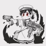  1girl absurdres b&amp;t_mp9 blush bocchi-ya-nawi closed_mouth commentary_request cropped_legs dress glock grey_background gun handgun hat hiburi_(kancolle) highres holding holding_gun holding_weapon kantai_collection monochrome ponytail red_eyes sailor_collar sailor_dress sailor_hat short_hair solo spot_color submachine_gun weapon 