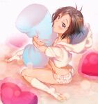  1girl animal_hood antenna_hair ass bear_hood black_hair butt_crack commentary_request from_side highres hood hood_down hugging_object idolmaster idolmaster_(classic) kikuchi_makoto looking_at_viewer mihen no_shoes pajamas pillow pillow_hug short_hair sitting soles solo toeless_legwear toes 