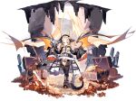  1girl black_bow black_hat black_scales black_shirt black_wings blonde_hair bow breast_cutouts cave coin collar dragon_girl dragon_tail frilled_skirt frills gold_coin hachihito hair_ornament hairclip hat holding holding_stuffed_toy horns long_hair monster_musume_td multicolored_sleeves nidra_(monmusu_td) official_art orange_horns orange_wings purple_eyes red_bow red_sleeves shirt skirt sleeve_bow sleeves_past_fingers sleeves_past_wrists solo stuffed_toy sword tail tail_bow tail_ornament thighs treasure_chest two-tone_hat two-tone_wings weapon white_collar white_hat white_sleeves wide_sleeves wings 