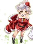  1girl belt black_belt black_boots boots bow-shaped_hair breasts closed_mouth coat commentary_request cross-shaped_pupils detached_collar dress earrings elbow_gloves fangs fur-trimmed_boots fur-trimmed_dress fur-trimmed_gloves fur_trim gloves gradient_hair grey_hair hat highres holding holding_sack inkling jewelry large_breasts long_pointy_ears marie_(splatoon) multicolored_hair pointy_ears red_coat red_dress red_gloves sack santa_costume santa_dress santa_hat solo splatoon_(series) star_(symbol) star_earrings symbol-shaped_pupils t2ukmyjm unworn_coat 