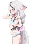  1girl absurdres animal_ear_fluff animal_ears aqua_bikini ass bag bikini blue_archive blush braid brown_eyes closed_mouth commentary cowboy_shot flat_ass flat_chest frilled_bikini frills from_side gingham_bikini gingham_clothes grey_hair hair_ornament hairclip haniwa_(statue) highres kokona_(blue_archive) kokona_(swimsuit)_(blue_archive) long_hair mannack missing_halo multicolored_bikini multicolored_hair official_alternate_costume official_alternate_hairstyle parted_bangs plaid_bikini plaid_clothes shoulder_bag simple_background solo strap_slip streaked_hair sweatdrop swimsuit tiger_ears tiger_girl transparent_bag very_long_hair wristband 