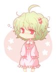  ahoge alternate_hairstyle chibi circle green_hair hair_bobbles hair_ornament kazami_yuuka lowres mokku nightgown red_eyes short_hair simple_background sleepy solo touhou white_background younger 