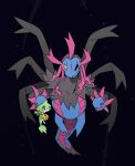  animalization black_background black_sclera colored_sclera dragon fang fangs full_body ghetsis_(pokemon) green_fur grey_eyes highres holding hydreigon looking_at_viewer mieaowu multiple_heads n_(pokemon) no_humans pokemon pokemon_(creature) pokemon_black_and_white pokemon_focus red_eyes simple_background snivy wings 