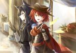  2girls :d animal_ear_fluff animal_ears arknights black_gloves black_hair black_jacket cape chaye_0817 chinese_commentary commentary_request creature creature_on_shoulder detached_wings exusiai_(arknights) exusiai_the_new_covenant_(arknights) exusiai_the_new_covenant_(the_legend_seeker)_(arknights) fingerless_gloves food fruit gloves halo hand_up highres holding holding_paper jacket long_hair multiple_girls official_alternate_costume on_shoulder open_mouth paper profile red_cape red_hair short_hair smile texas_(arknights) texas_the_omertosa_(arknights) traditional_halo white_halo wings wolf_ears wolf_girl yellow_eyes 