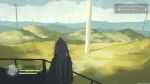  1girl absurdres ahoge cloud from_behind grass health_bar highres hill jacket kani_etizen03 long_hair original railing scenery sky solo user_interface white_hair wide_shot wind_turbine 