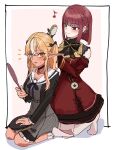  2girls absurdres alternate_hair_length_(shorter) anchor_symbol belt black_bow black_bowtie black_choker black_corset black_gloves black_hat black_jacket blonde_hair blunt_bangs blush bob_cut border bow bowtie braid breasts brushing_another's_hair brushing_hair choker collarbone commentary_request contrast_lapels corset cropped_jacket cross-laced_clothes cross-laced_sleeves dark-skinned_female dark_elf dark_skin detached_sleeves dot_nose dress eighth_note elf fold-over_socks frilled_dress frilled_sleeves frills full_body gloves gold_trim gothic_lolita grey_belt grey_dress hair_bow hair_brush hand_up hands_up hat heart heart_necklace heterochromia high-waist_belt highres holding holding_hair_brush holding_mirror hololive houshou_marine houshou_marine_(gothic_lolita) inset_border jacket jewelry kneeling lapels large_breasts lolita_fashion long_hair long_pointy_ears long_sleeves looking_at_another looking_at_viewer mirror multicolored_hair multiple_girls musical_note necklace no_shoes notice_lines official_alternate_costume official_alternate_hairstyle open_mouth orange_eyes outside_border parted_bangs pendant_choker pink_background pinstripe_dress pinstripe_pattern pleated_skirt pocket_watch pointy_ears red_dress red_eyes red_hair red_sleeves sailor_collar sailor_dress sailor_hat see-through_cleavage see-through_clothes seiza shino_12a shiranui_flare shiranui_flare_(street) short_dress side_braid sidelocks sitting skirt sleeveless sleeveless_dress socks streaked_hair striped_clothes striped_dress sun_pendant sweatdrop thighhighs two-tone_hair two_side_up underbust unworn_hat unworn_headwear vertical-striped_clothes vertical-striped_dress virtual_youtuber watch white_border white_sailor_collar white_socks white_streaks white_thighhighs yellow_eyes 