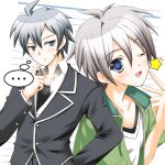  ... 2boys ahoge black_trim blazer blue_eyes blush buttons collarbone commentary_request finger_to_own_chin green_jacket grey_eyes grey_hair grey_jacket hair_between_eyes hand_in_own_hair hand_up hikigaya_hachiman jacket lapels lined_paper long_sleeves looking_at_viewer looking_to_the_side male_focus multiple_boys multiple_views nanatsuki_(arca-nize) notched_lapels one_eye_closed open_clothes open_jacket open_mouth raised_eyebrow shirt short_hair short_sleeves small_sweatdrop smile speech_bubble spoken_ellipsis standing thinking totsuka_saika track_jacket trap tsurime upper_body v white_background white_shirt white_trim wink_star yahari_ore_no_seishun_lovecome_wa_machigatteiru. 